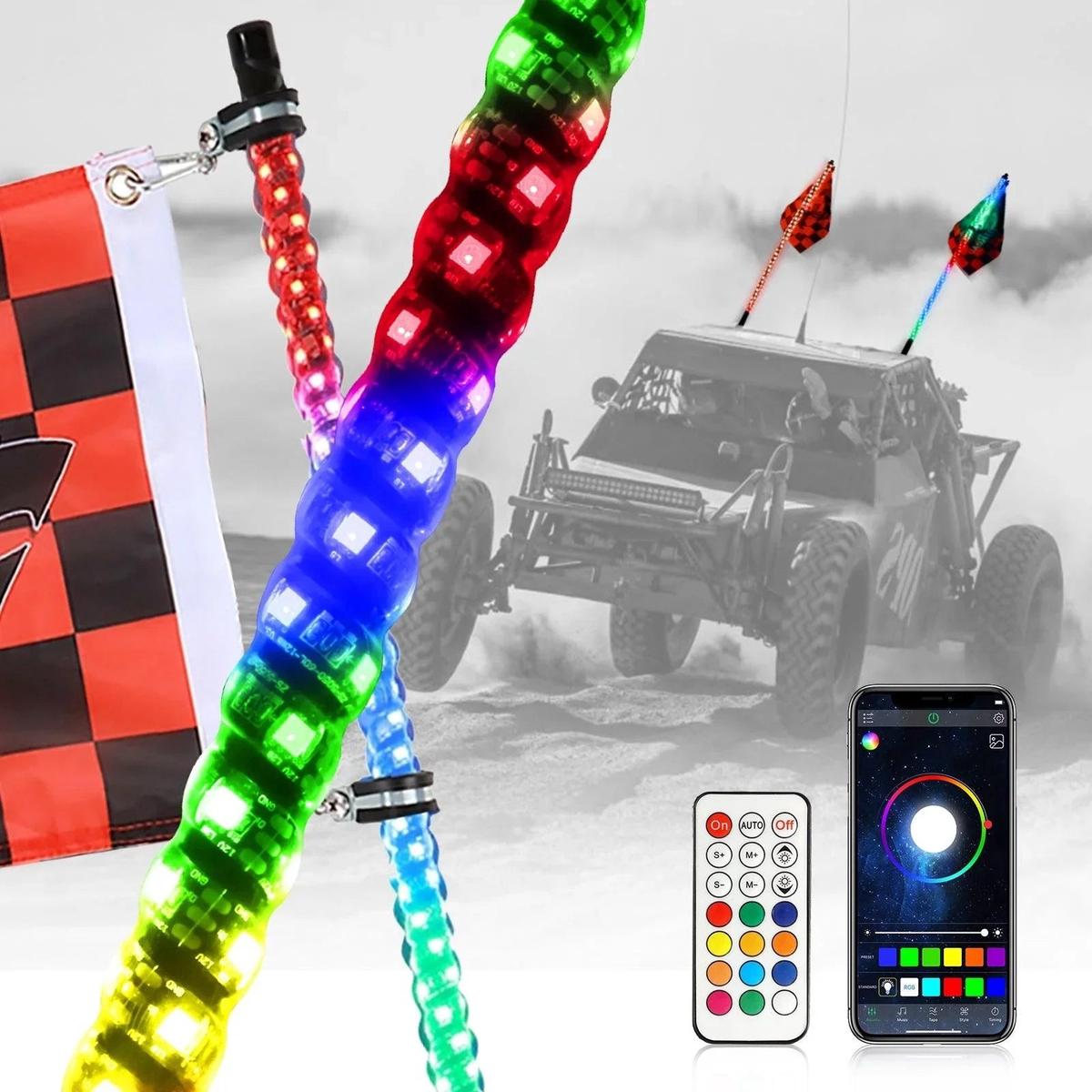 (2pcsset) 3FT4FT LED RGB Whip Lights with Turn Signal Brake Light Bluetooth APP Remote Control