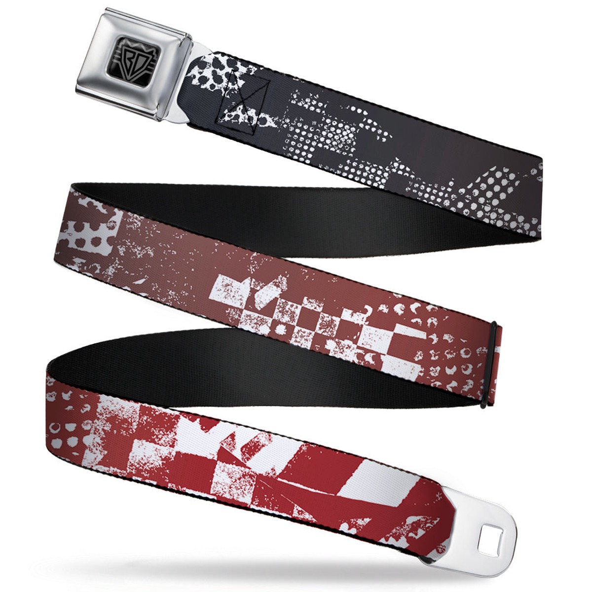 BD Wings Logo CLOSE-UP Full Color Black Silver Seatbelt Belt - Grunge Chaos3 White/Blue-Red Fade Webbing