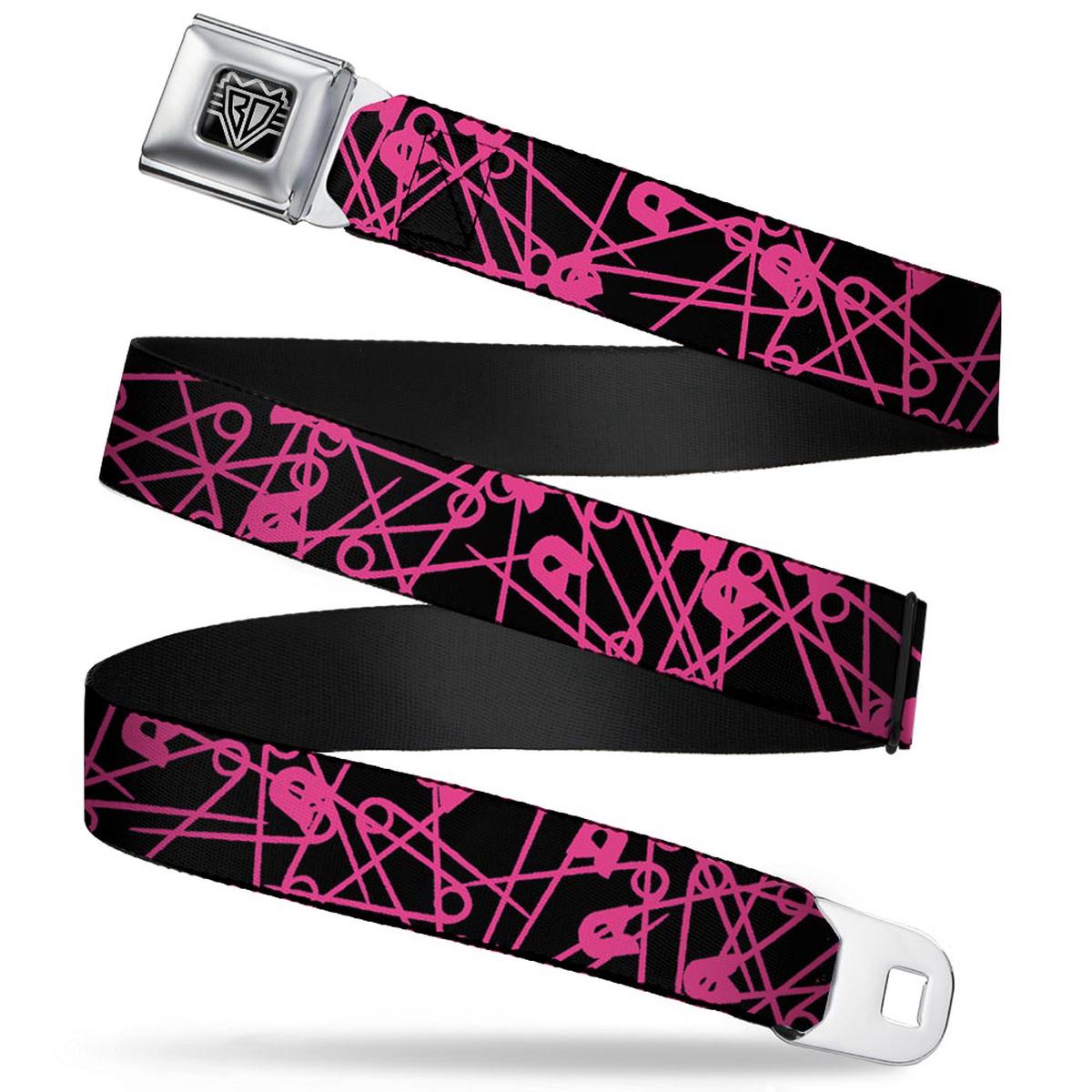 BD Wings Logo CLOSE-UP Full Color Black Silver Seatbelt Belt - Safety Pins Black/Fuchsia Webbing