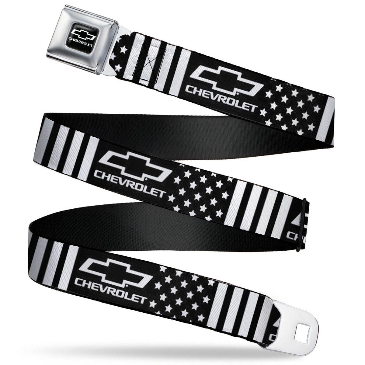 Chevy Bowtie Full Color Black/White Seatbelt Belt - CHEVROLET Bowtie Americana Stars and Stripes Black/White Webbing