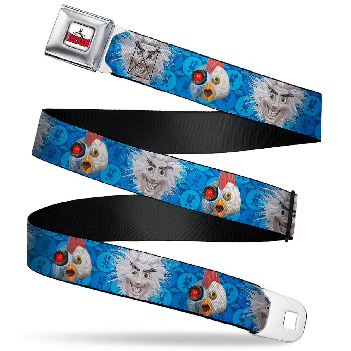 ROBOT CHICKEN Title Logo Full Color White/Black/Red Seatbelt Belt - Robot Chicken and Mad Scientist Expressions Blues Webbing