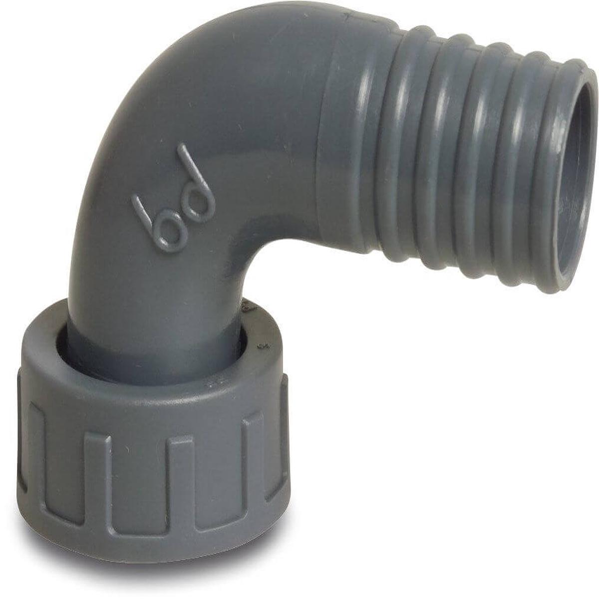 " F x 20mm Nut & Tail, Polypropylene, 90 Elbow, Female thread x hose tail